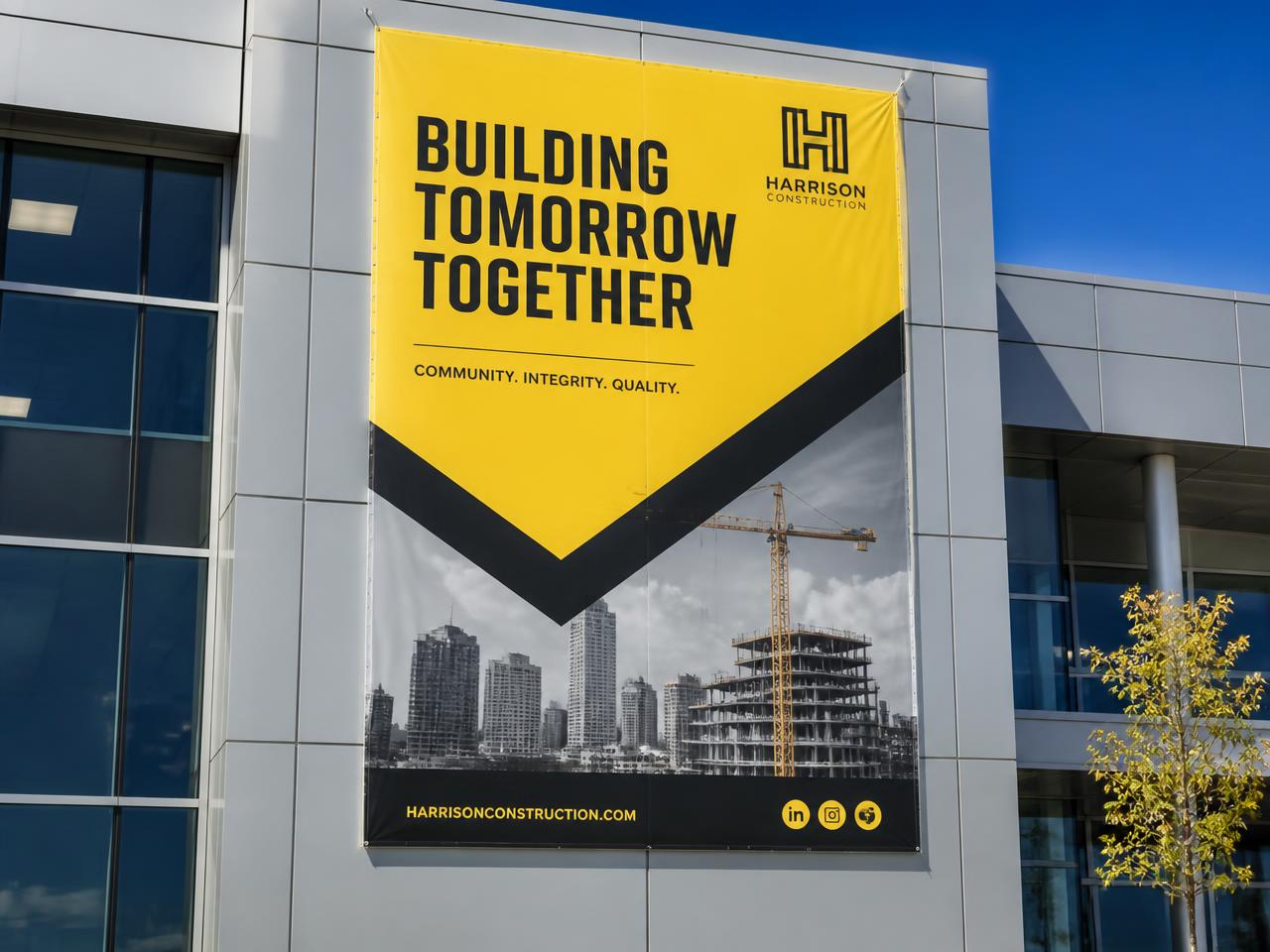 Banner personalizado de grande formato instalado em fachada